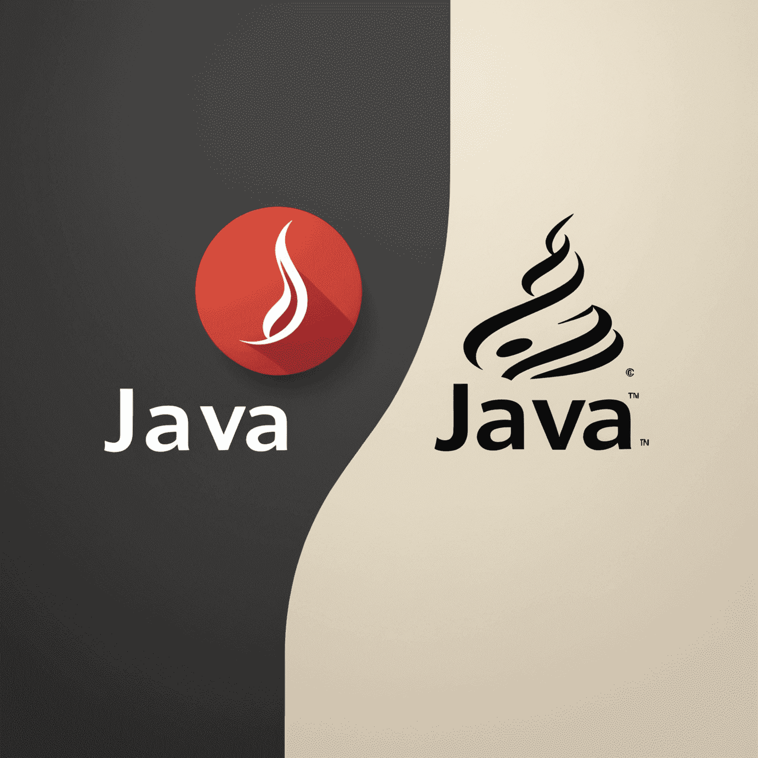 Иллюстрация, сравнивающая Java и JavaScript: логотипы обоих языков, разделенные вертикальной линией